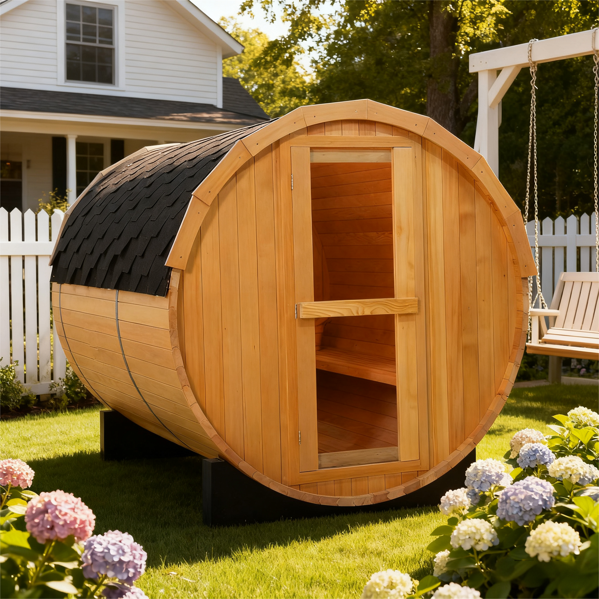 4 Person Outdoor Barrel Sauna, Hemlock Traditional Steam Barrel Sauna Kit with Half-viewing Window