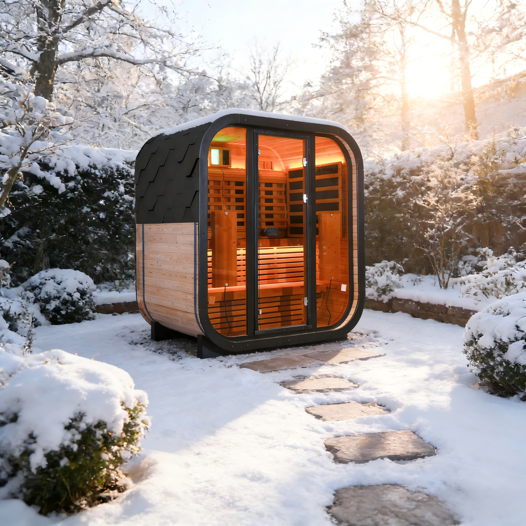 Outdoor Far Infrared Sauna for 4 Persons, Carbonized Spruce Wood Sauna Room with Dark Brown Tinted Glass, LED Chromotherapy Lights & Weather-Resistant Roof for Backyard/Patio Relaxation