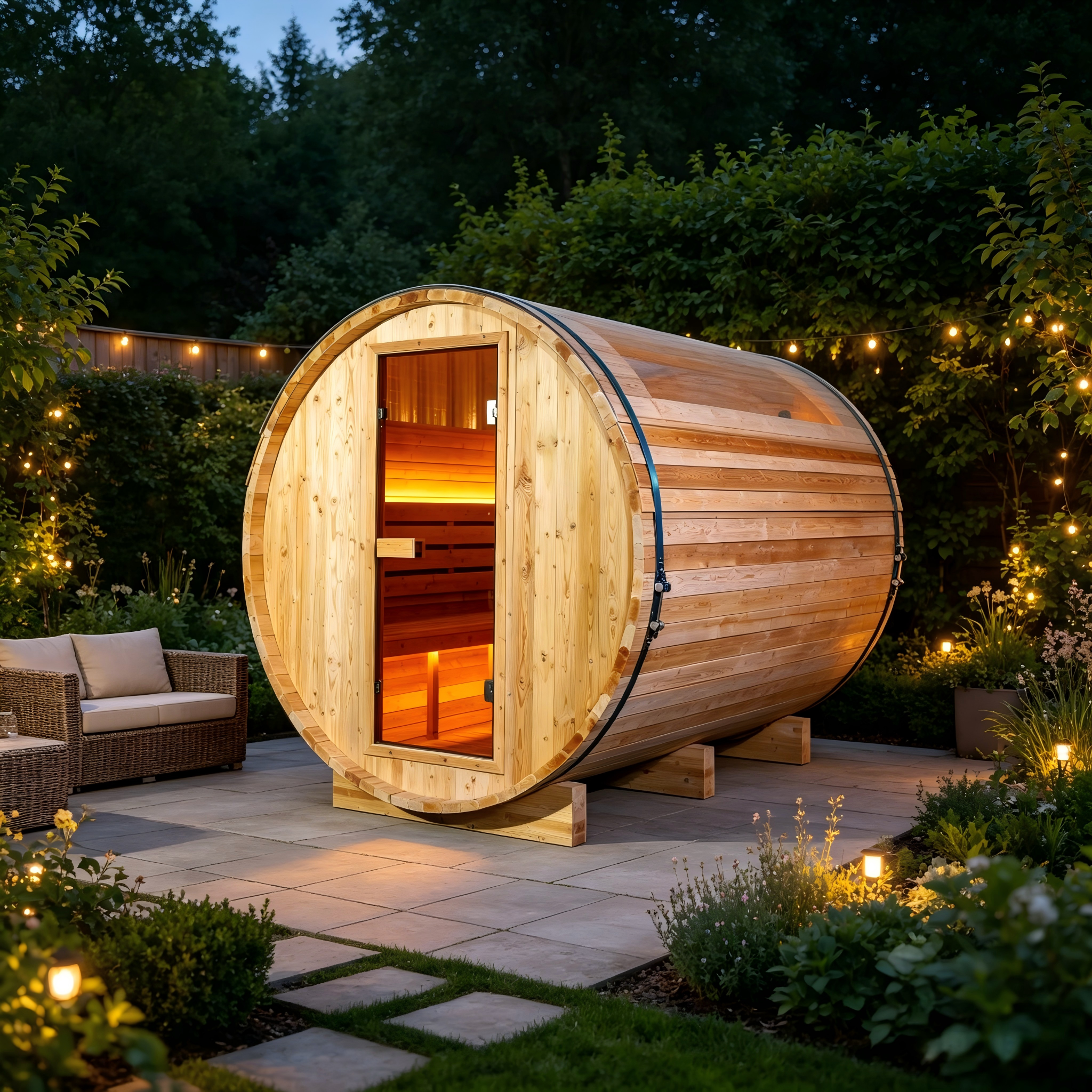 4-6 Person Outdoor Barrel Sauna, Traditional Steam Sauna with Panoramic View Window, Thermo Spruce Wood, for Backyard Garden Home Spa Relaxation