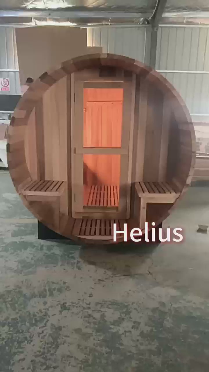 6 Person Outdoor Barrel Sauna with Front Porch, Patchwork Red Cedar Traditional Steam Barrel Sauna Kit with Outdoor Waterproof Tile and More