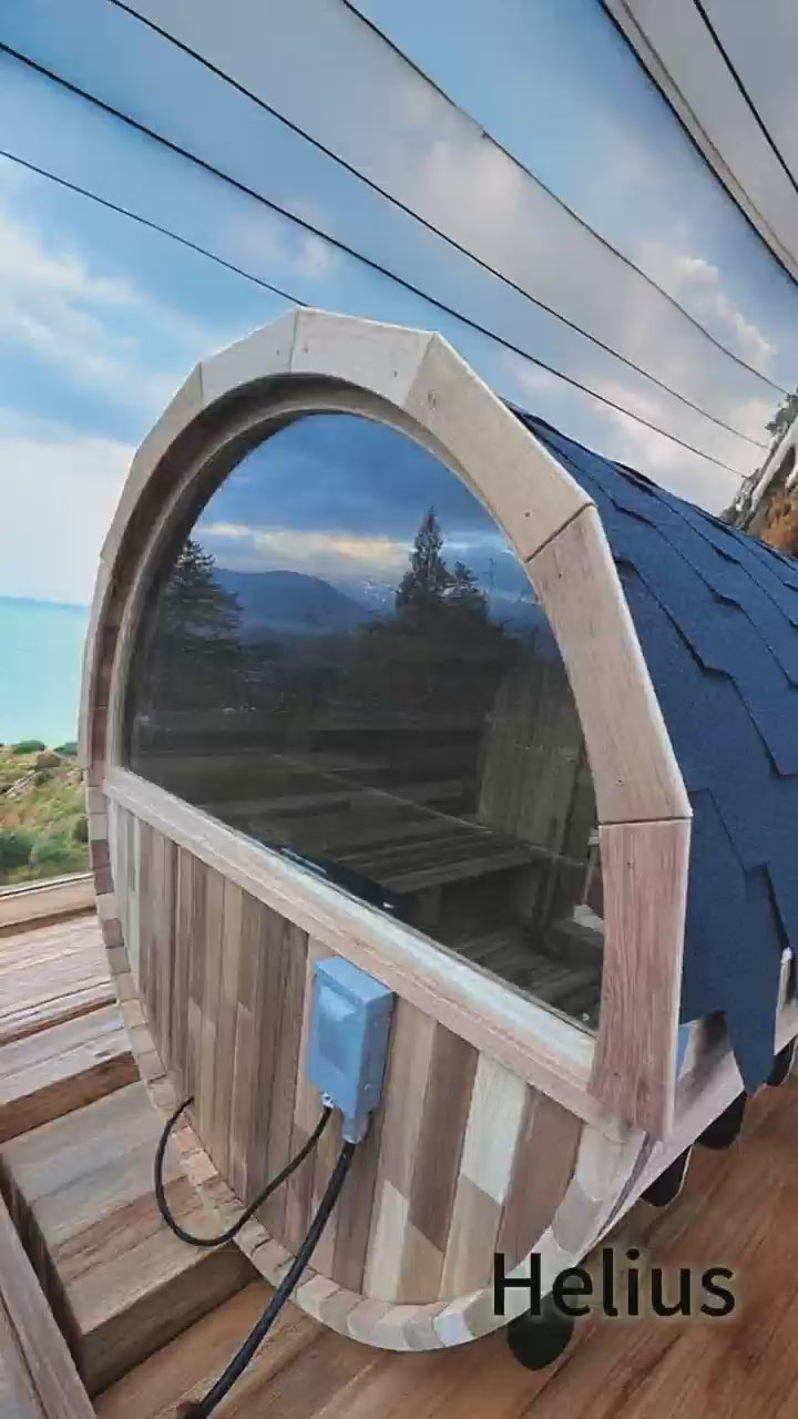 6 Person Outdoor Barrel Sauna with Front Porch, Patchwork Red Cedar Traditional Steam Barrel Sauna Kit with Half-viewing Window