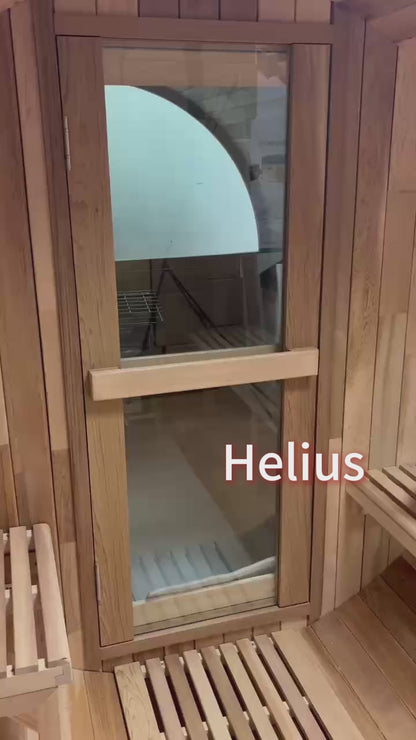 6 Person Outdoor Barrel Sauna with Front Porch, Hemlock Traditional Steam Barrel Sauna Kit with Half-viewing Window