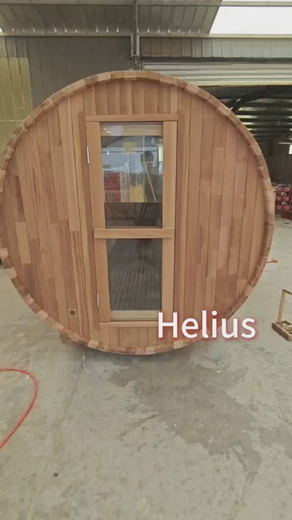 4 Person Outdoor Barrel Sauna, Patchwork Red Cedar Traditional Steam Barrel Sauna Kit with Half-viewing Window