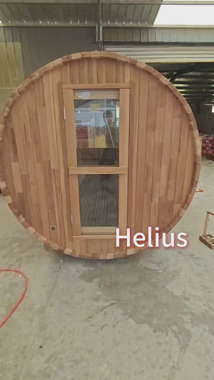 4 Person Outdoor Barrel Sauna, Patchwork Red Cedar Traditional Steam Barrel Sauna Kit with Half-viewing Window
